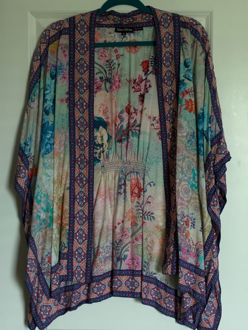 Tolani Cream Floral Boho Kimono with Blue, Pink & Orange Accents